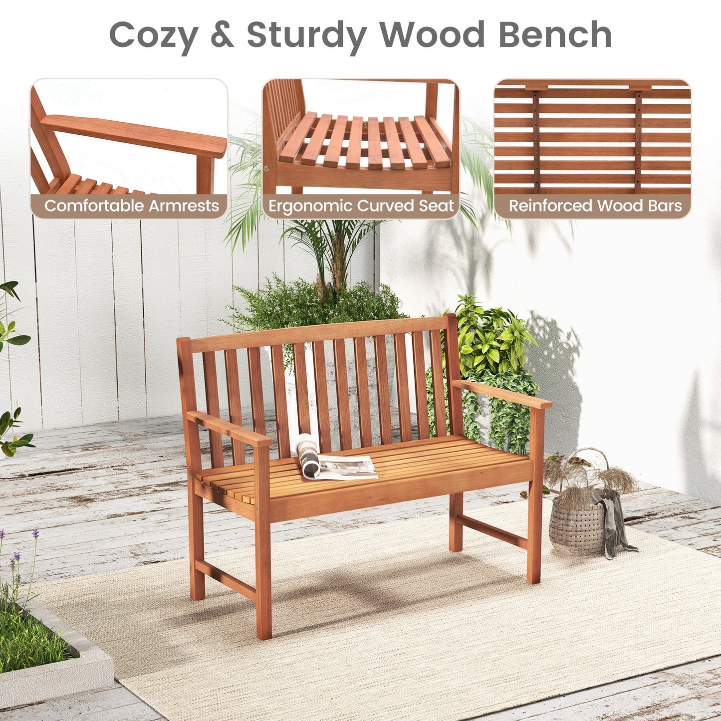2-seat patio wood bench with backrest and armrests, slatted design for outdoor garden use on Tampa Home & Garden Store