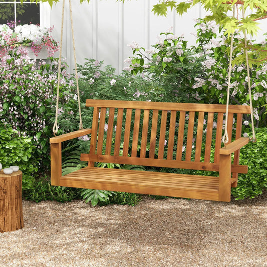 2-Seat Acacia Wood Porch Swing Bench with 2 Hanging Hemp Ropes - Tampa Home & Garden Store
