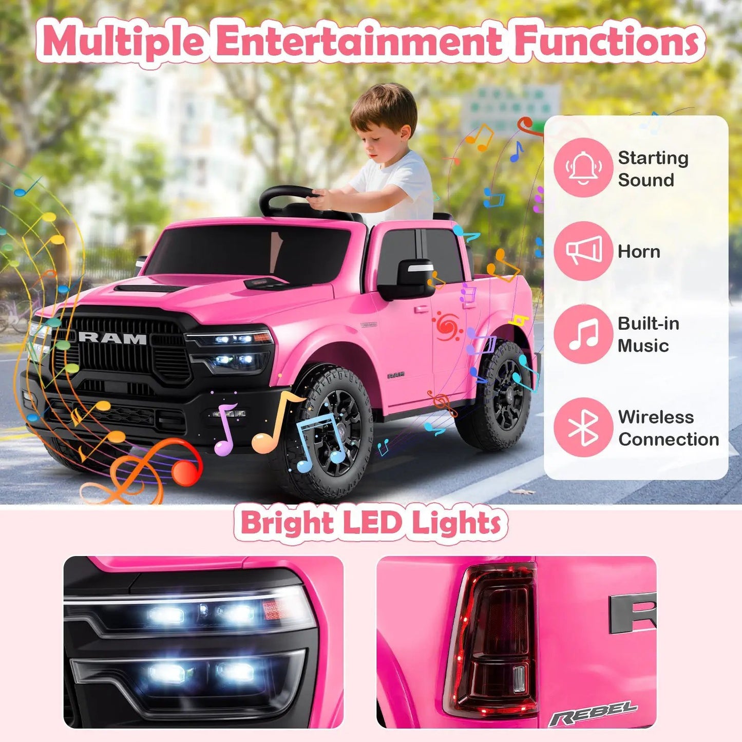 2 Seater 24V Ram Truck Ride-On DirectDeals pink electric ride with remote music LED lights on Tampa Home & Garden Store