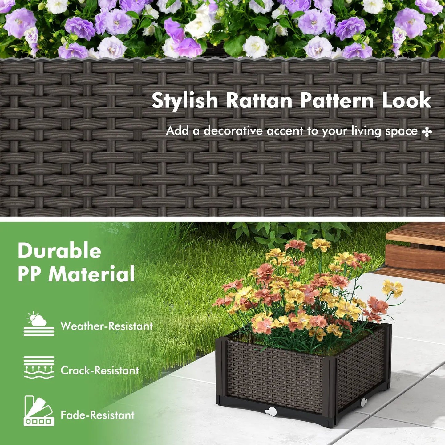 Elevated plastic raised garden bed planter kit brown rattan look; weatherproof for vegetables on Tampa Home & Garden Store