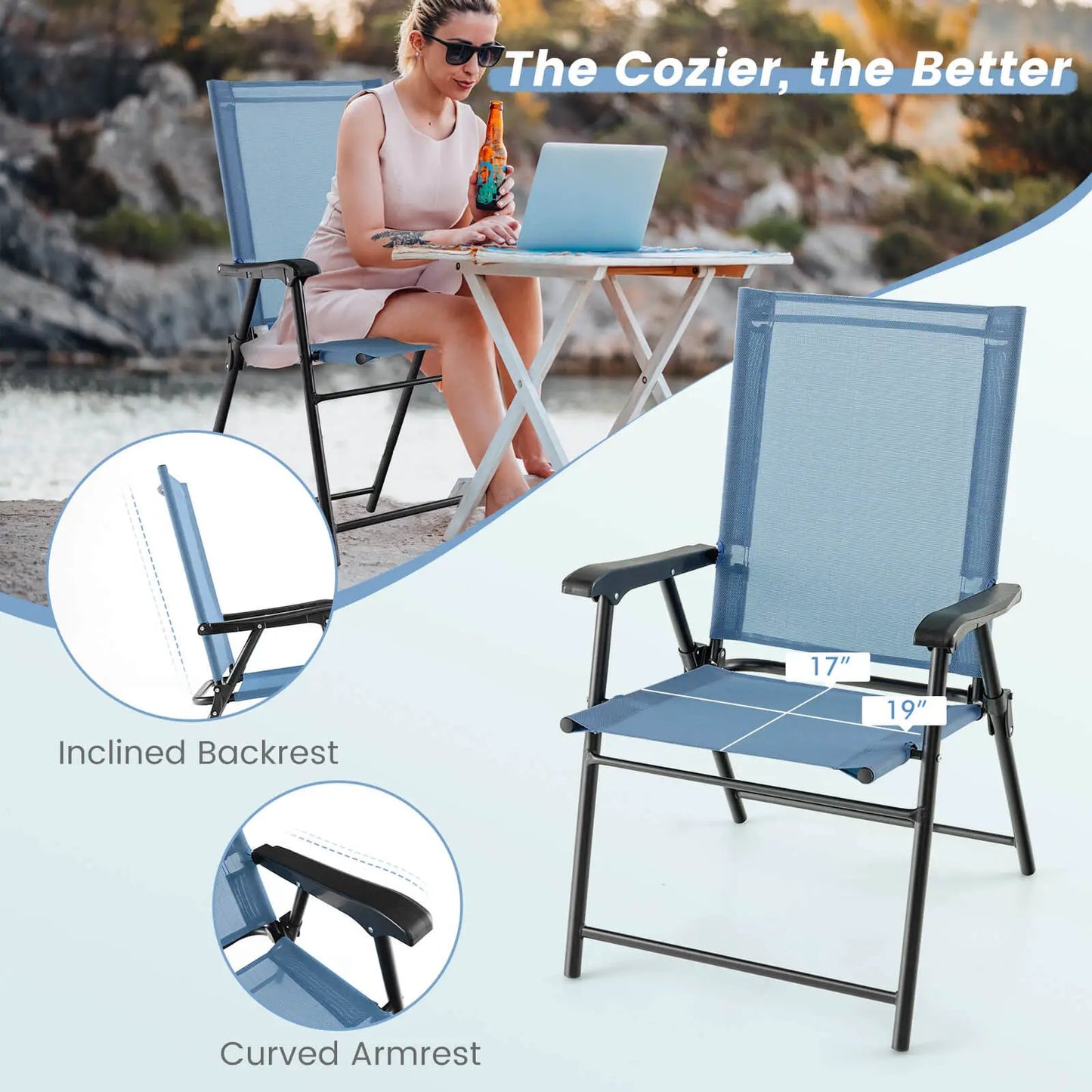 2 Set of Patio Dining Chair with Armrests and Metal Frame-Blue - Tampa Home & Garden Store