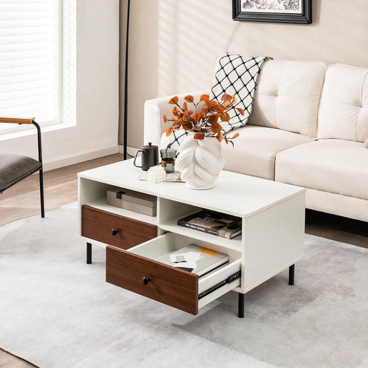 2 Tier 40 Inch Length Modern Rectangle Coffee Table with Storage Shelf and Drawers-White - Tampa Home & Garden Store