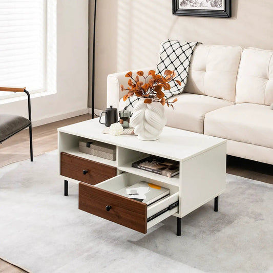2 Tier Coffee Table With Storage White with white top, wood drawers, open shelf, black legs on Tampa Home & Garden Store
