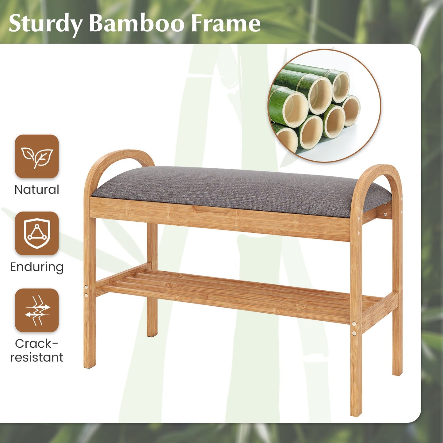 2-Tier bamboo shoe bench with storage and gray fabric cushion on Tampa Home & Garden Store