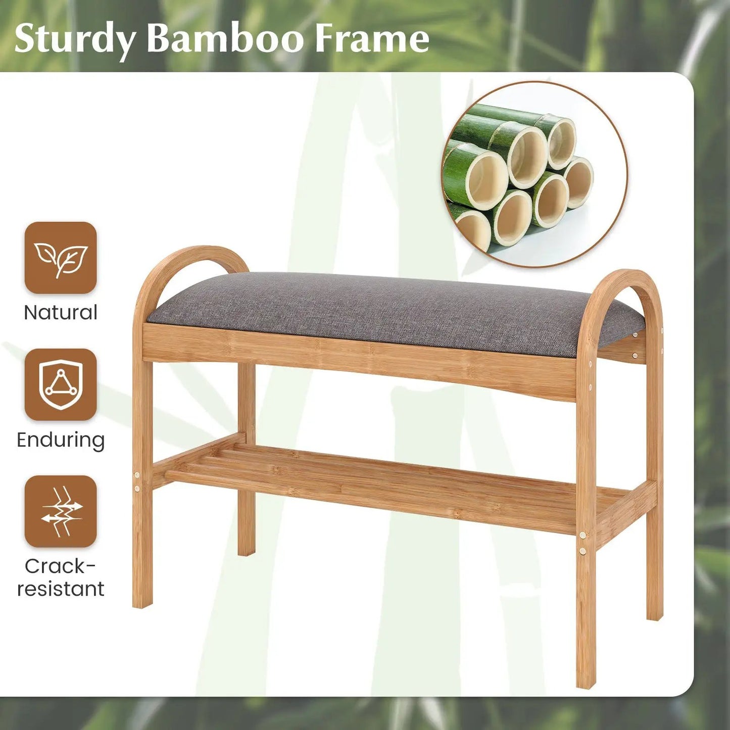 Bamboo shoe bench with gray padded cushion and shelf, 2-tier natural frame on Tampa Home & Garden Store
