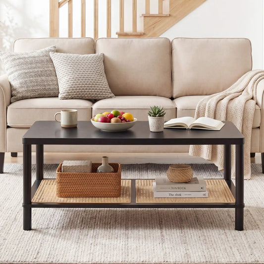 2-Tier Boho Coffee Table with Rattan Storage Shelf dark metal frame wood top in living room on Tampa Home & Garden Store