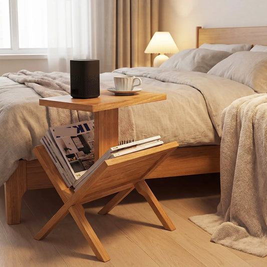 DirectDeals Two-tier teak wood side table with magazine rack; cup and black speaker on bed on Tampa Home & Garden Store