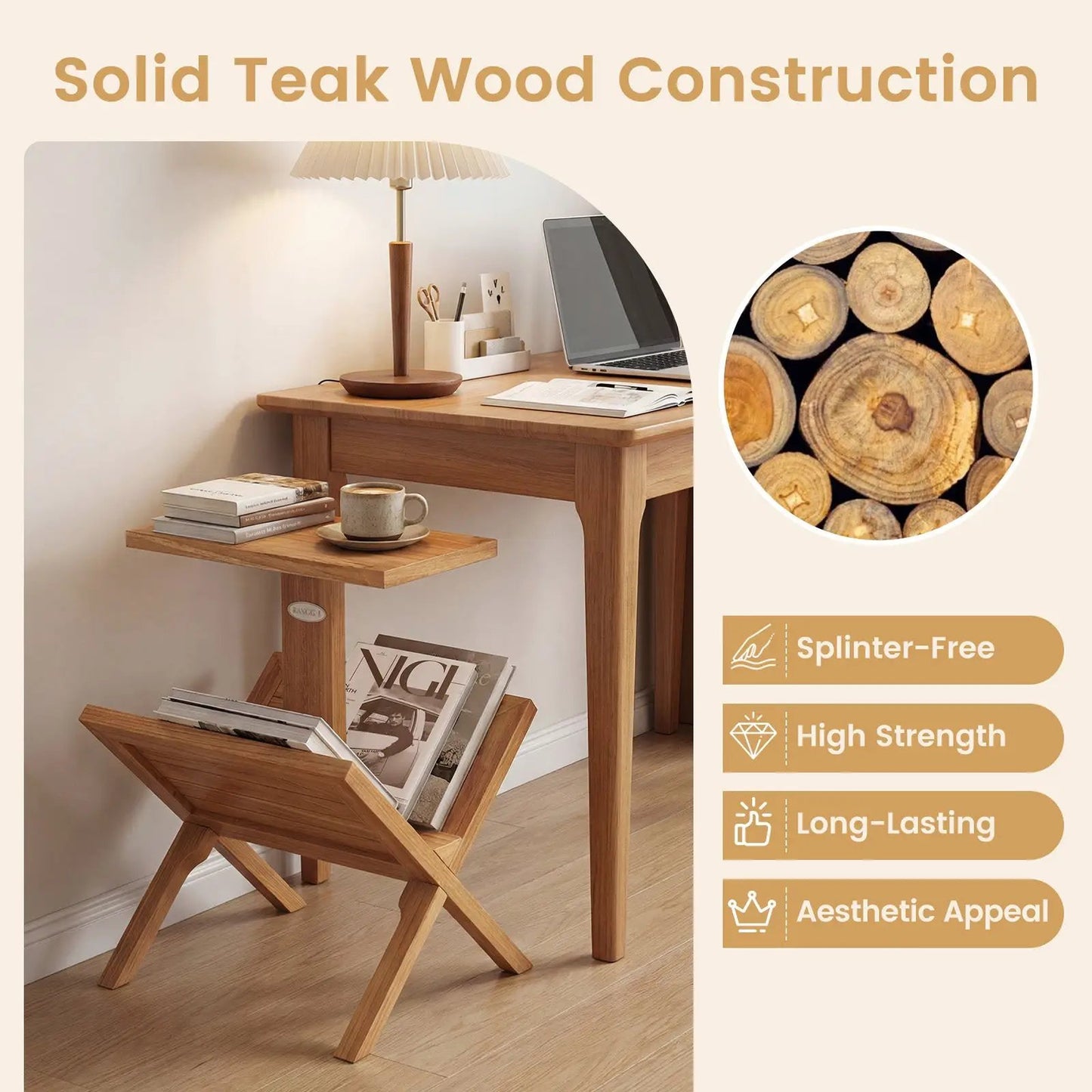 Two-tier teak wood side table with magazine rack on Tampa Home & Garden Store