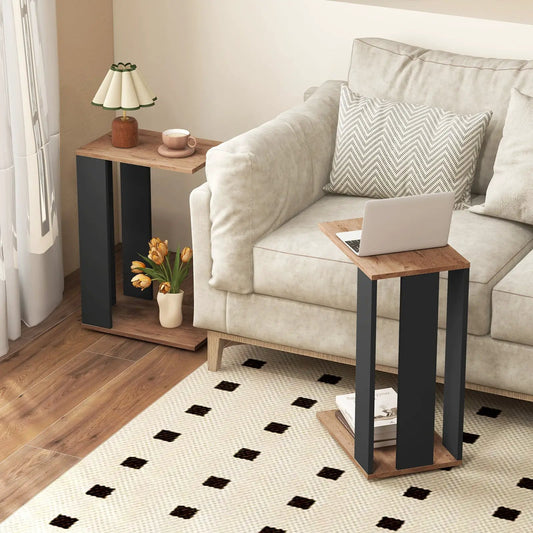 2-Tier C-Shaped Side Table with Wheels and Shelf by DirectDeals, natural wood top, black legs on Tampa Home & Garden Store