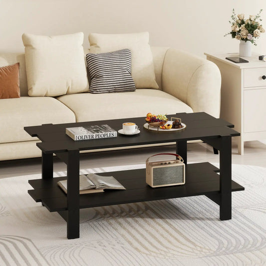 2 Tier Slatted Wood Center Table with Storage, black finish, dual shelves on Tampa Home & Garden Store