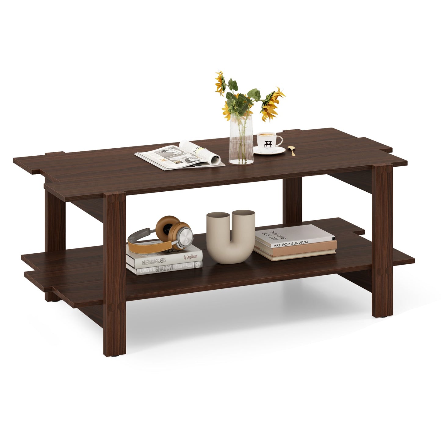 Mesa de centro de madera de 2 niveles con estante de almacenamiento y listones-Negro