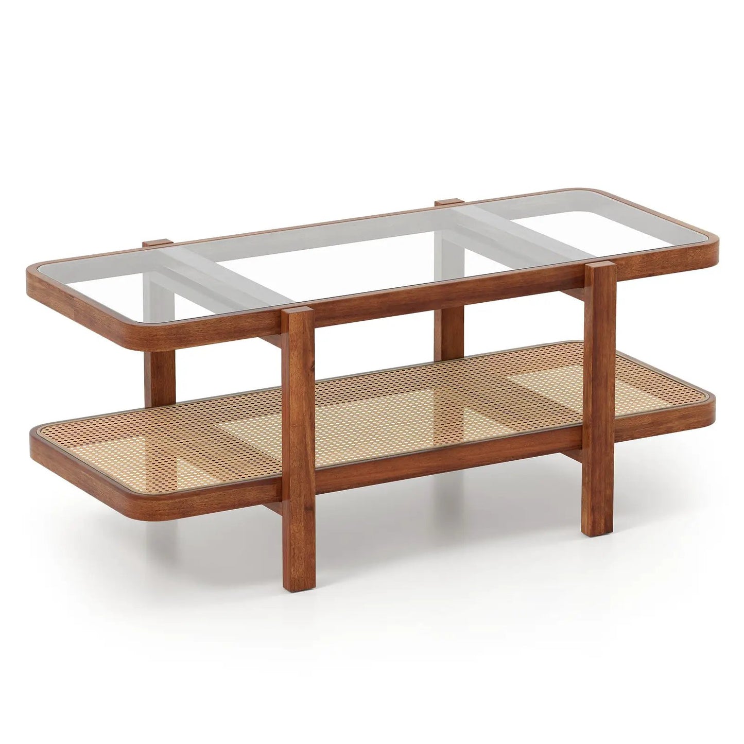 Two-Tier Coffee Table with Storage, tempered glass top, brown wood frame, cane lower shelf on Tampa Home & Garden Store
