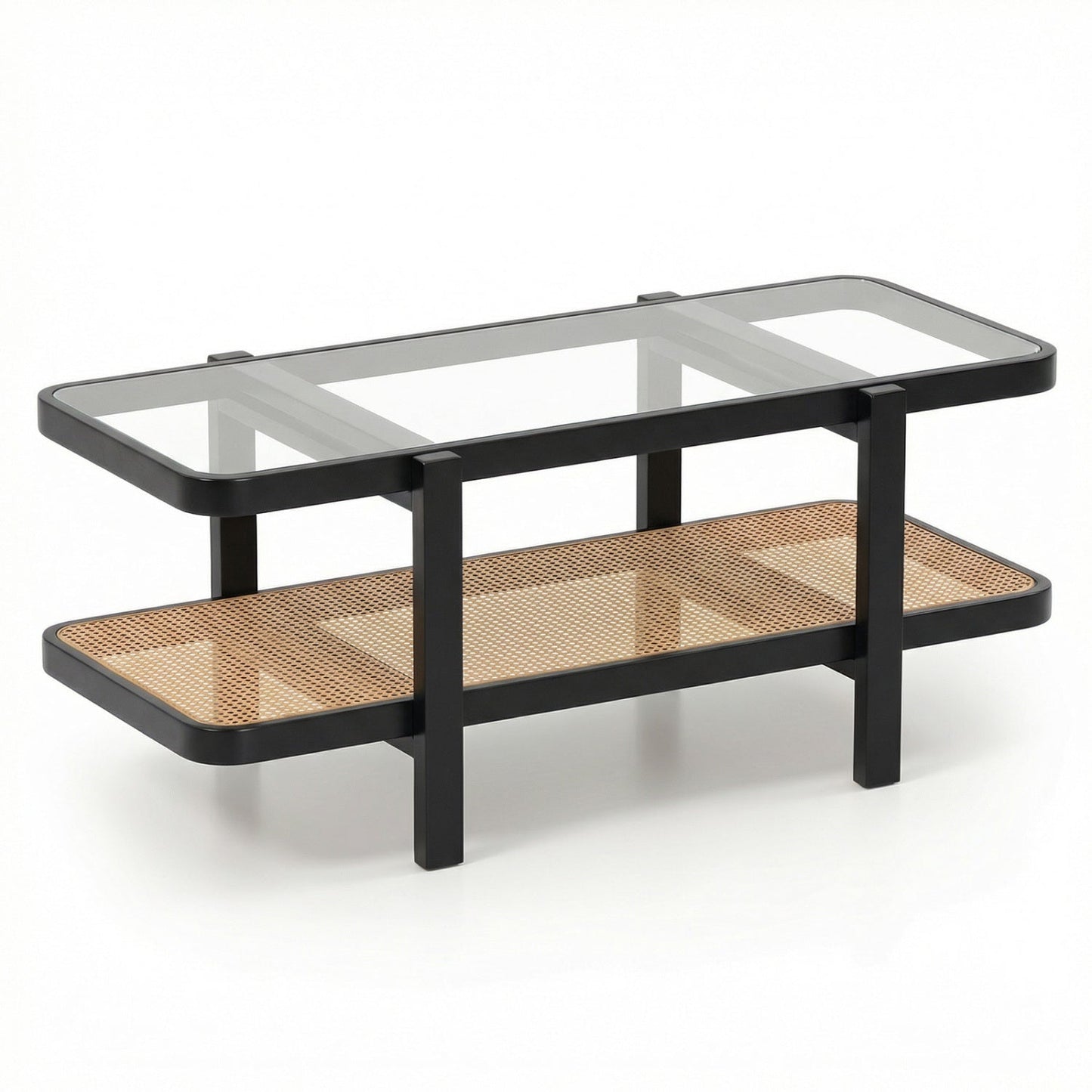 2-Tier Coffee Table with Storage and Tempered Glass Tabletop-Brown