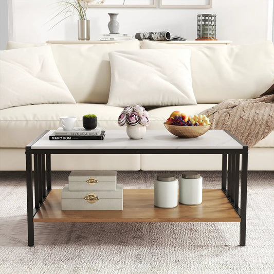 2 Tier Coffee Table With Sintered Stone Tabletop DirectDeals white top, black metal frame on Tampa Home & Garden Store