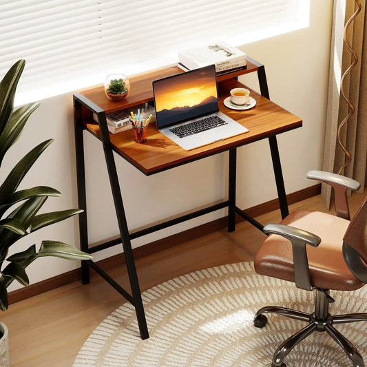 2 Tier Computer Desk with wood top and black metal frame by DirectDeals for home office on Tampa Home & Garden Store