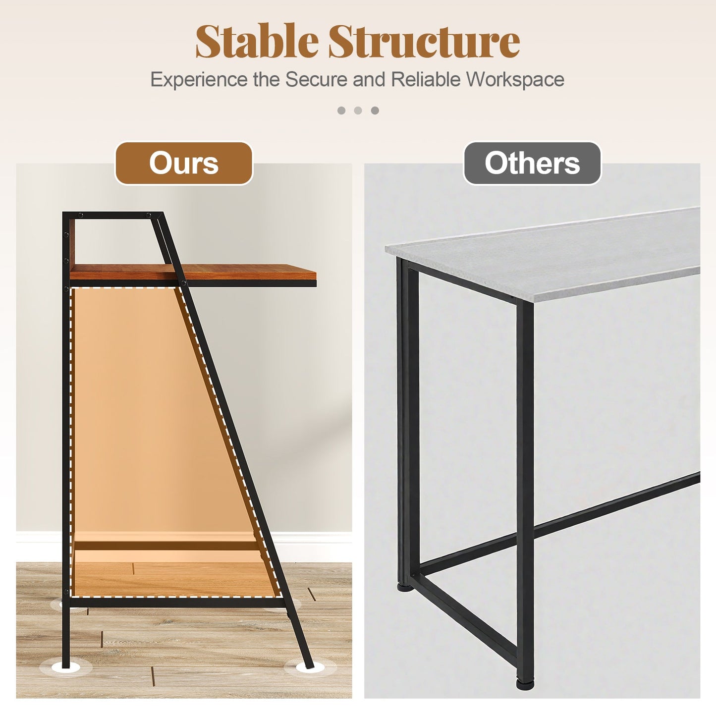 2 Tier Computer Desk with black metal frame and wood top, Ours vs Others on Tampa Home & Garden Store