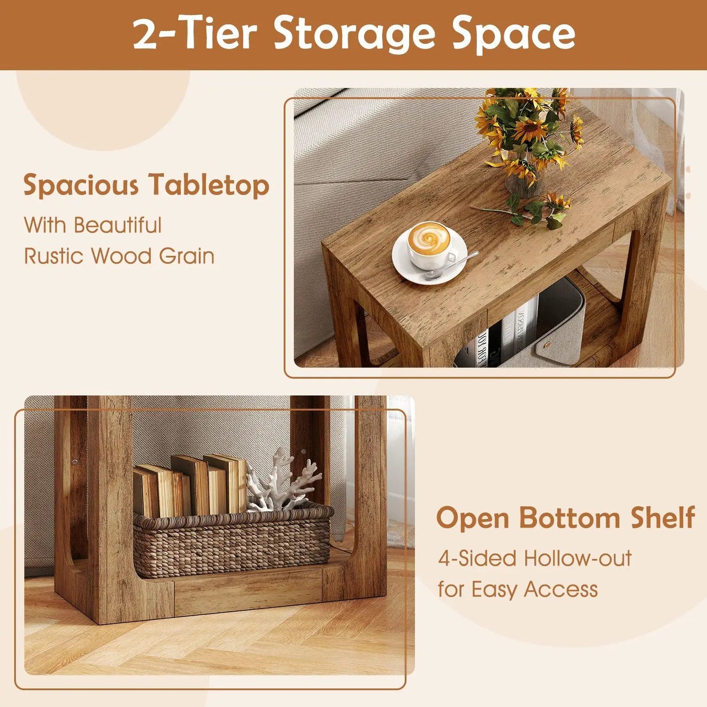 2 Tier End Table With Storage Shelf Oak wood grain finish with open bottom shelf on Tampa Home & Garden Store