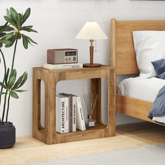 2-Tier Oak End Table with Storage Shelf beside bed with books and lamp on Tampa Home & Garden Store