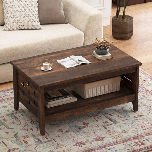Two-Tier farmhouse coffee table in dark wood with open lower shelf and slatted sides on Tampa Home & Garden Store