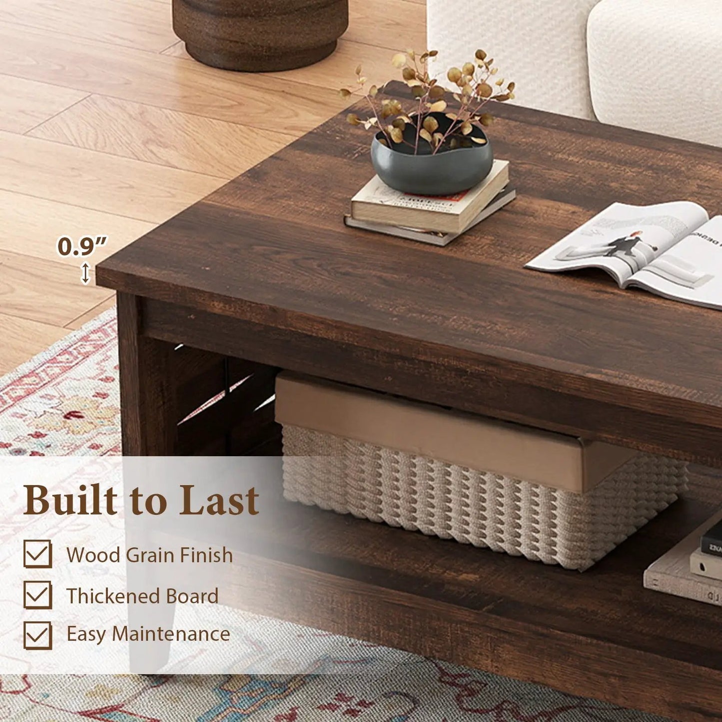 Two-Tier farmhouse coffee table in dark wood finish with open shelf, plant and books on top on Tampa Home & Garden Store