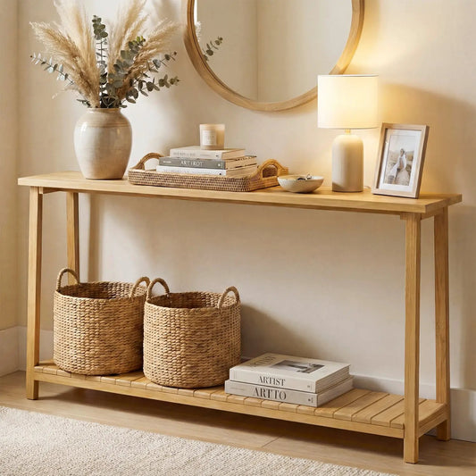 Farmhouse Sofa Table with Teak Wood Frame, two-tier natural finish console with baskets on Tampa Home & Garden Store