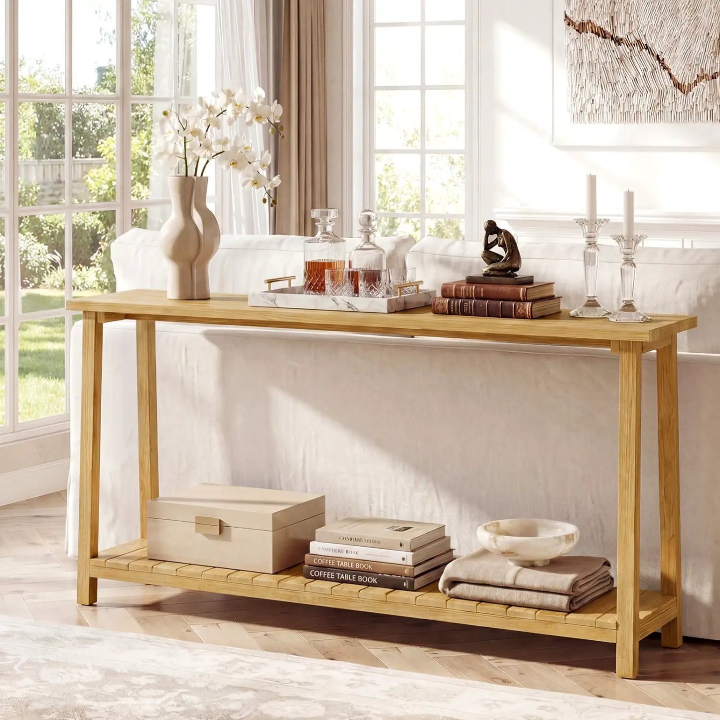 Farmhouse sofa table with teak wood frame 2-tier natural finish DirectDeals on Tampa Home & Garden Store