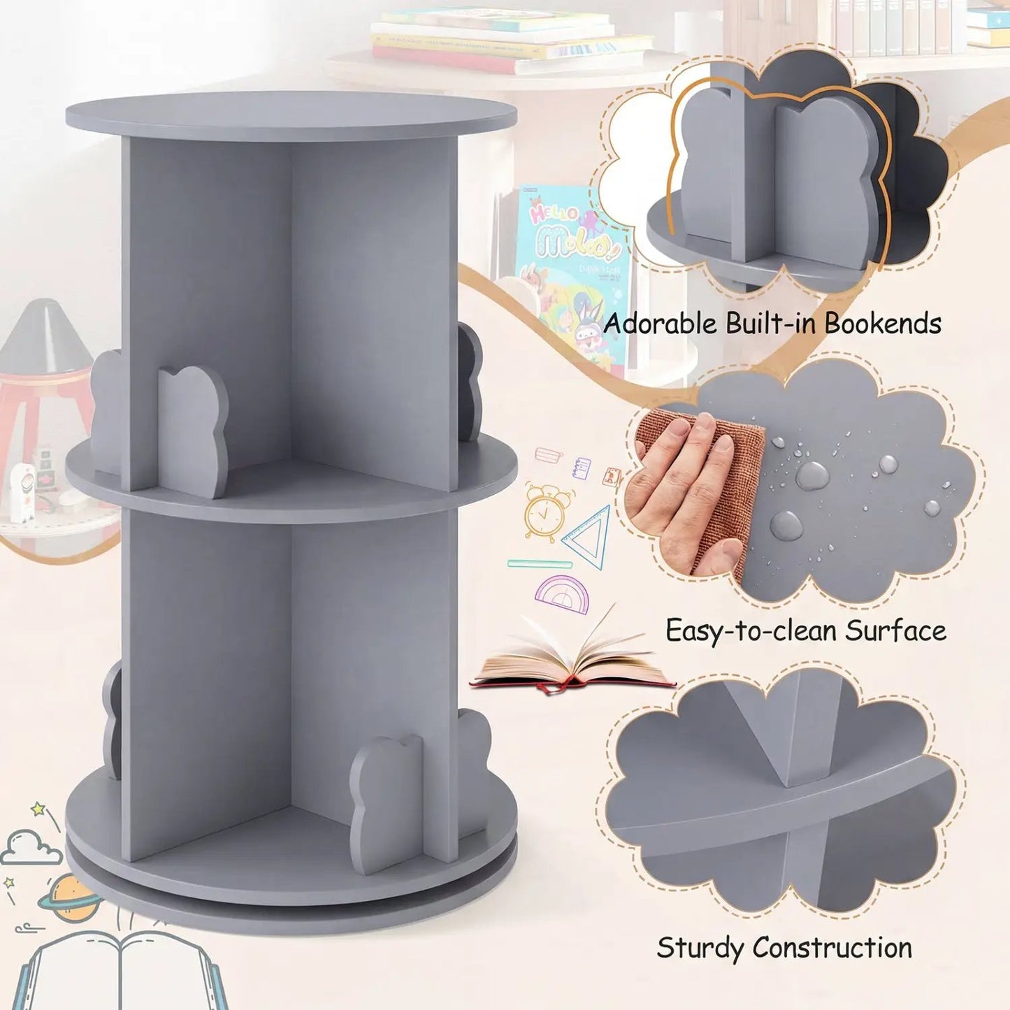 Kids Rotating Bookshelf with Bear Baffles