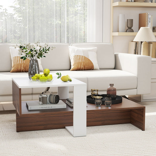 2-Tier Geometric Coffee Table with Storage Shelves for Living Room and Reception Room-White and Brown - Tampa Home & Garden Store