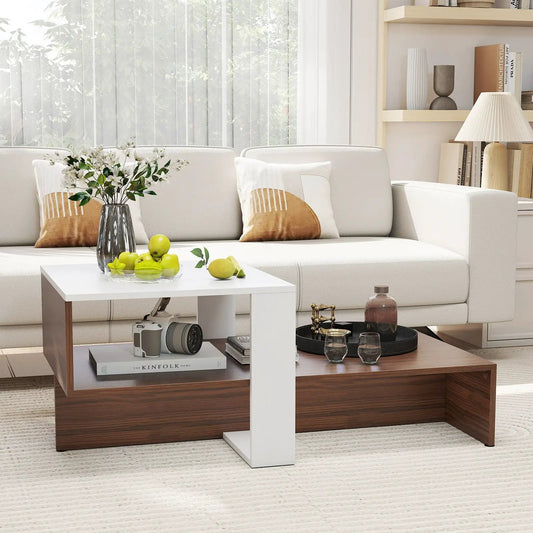 Two-Tier Geometric Coffee Table with Shelves; white top, dark base, camera and book on shelf on Tampa Home & Garden Store