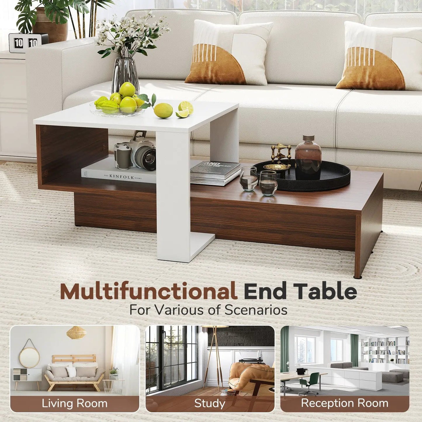 Two-Tier Geometric Coffee Table with White Top and Wood Lower Shelf in Living Room on Tampa Home & Garden Store