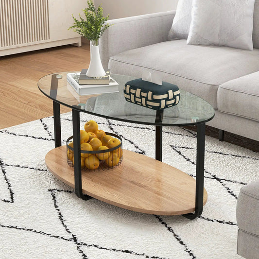 2 Tier Glass Top Coffee Table with Wooden Shelf, oval glass top, black legs on Tampa Home & Garden Store