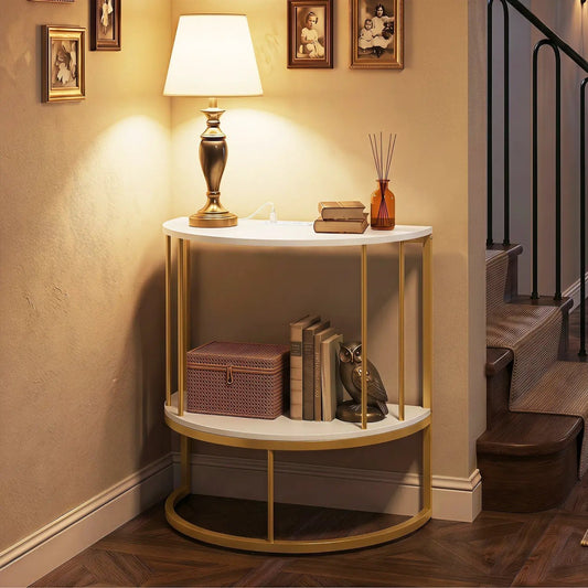Half Moon Console Table with power outlets, white top, gold frame by DirectDeals on Tampa Home & Garden Store