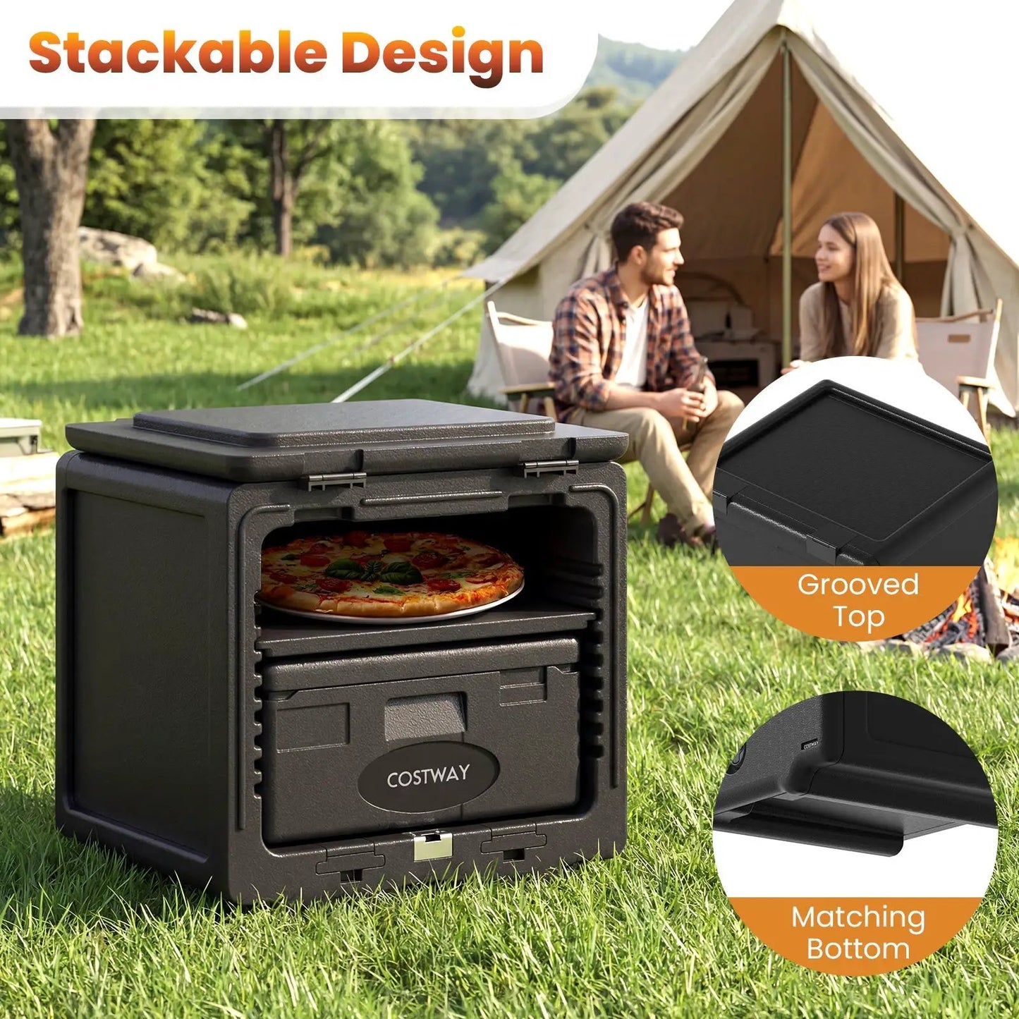 2 Tier Insulated Food Pan Carrier in black with Costway logo, removable tray, pizza inside on Tampa Home & Garden Store