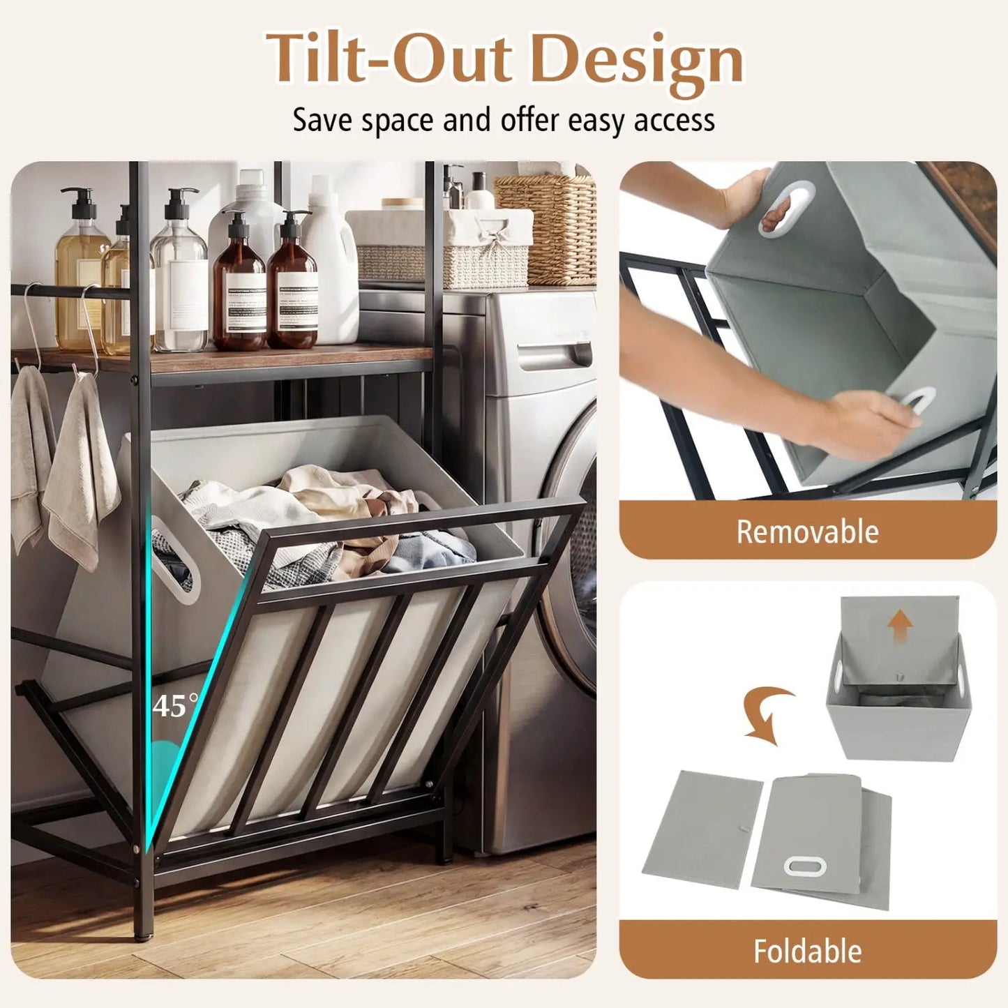 Two-Tier Laundry Hamper with Tilt-Out Basket black metal frame and removable gray fabric bin DirectDeals on Tampa Home & Garden Store