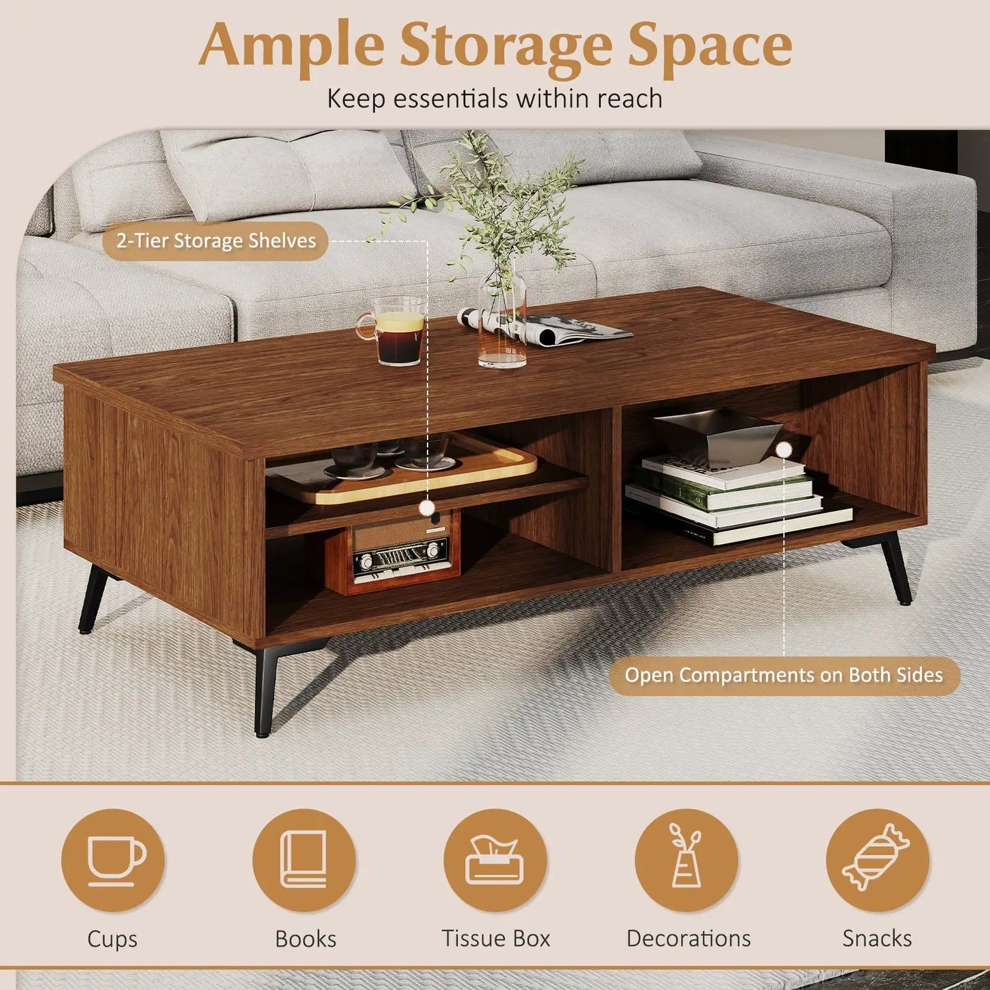DirectDeals 2-Tier Mid Century Modern Coffee Table with storage shelves on Tampa Home & Garden Store
