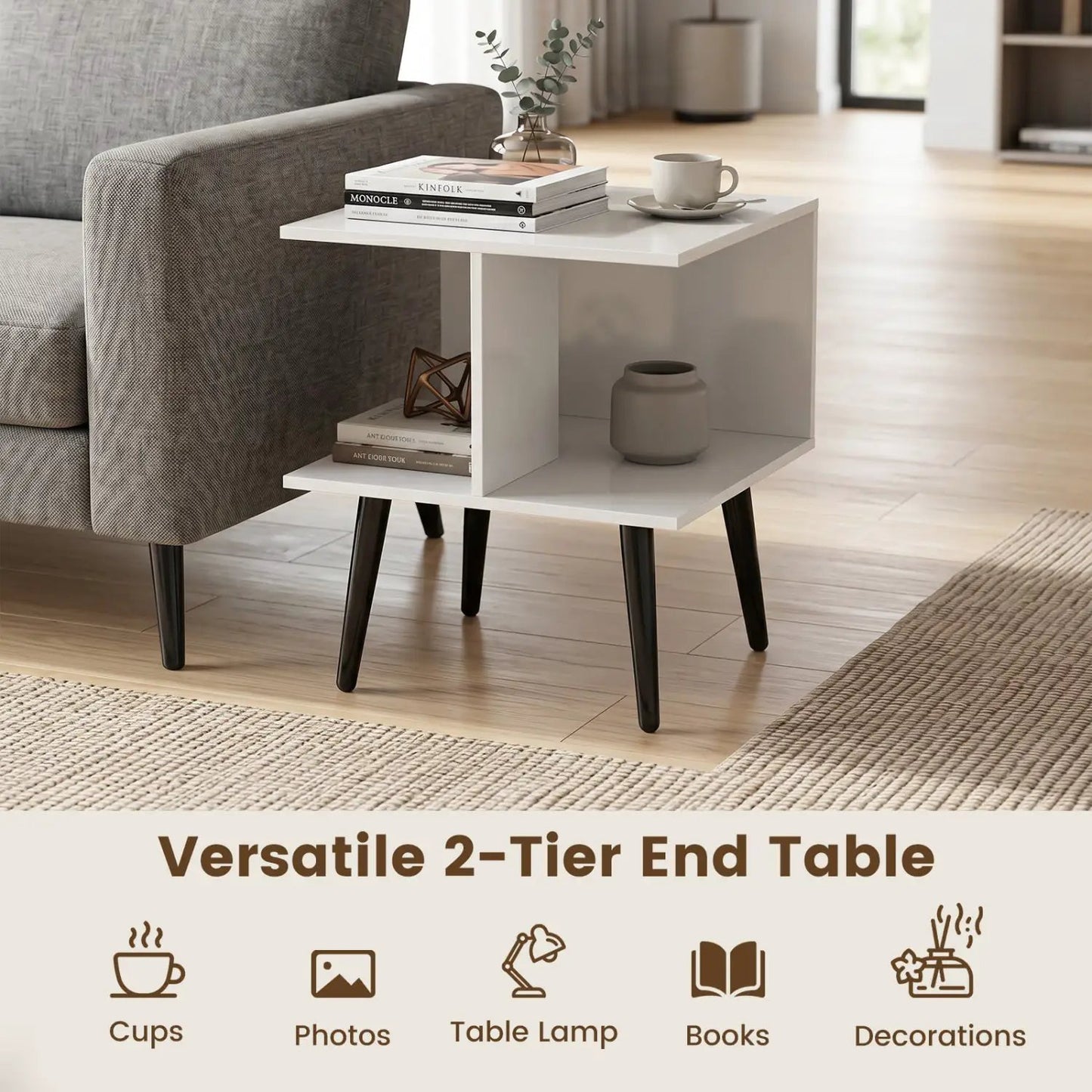 2-Tier End Table Storage Compartments White