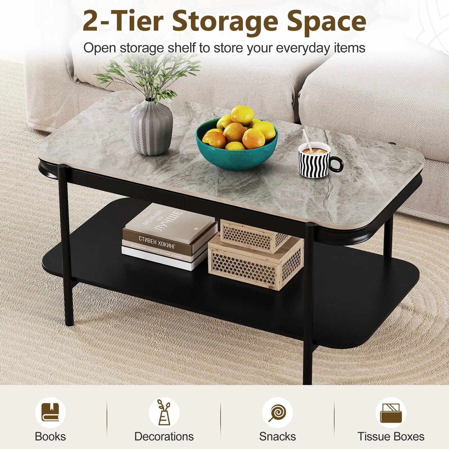 Two Tier Coffee Table with Sintered Stone Top, gray marble finish, black metal frame on Tampa Home & Garden Store