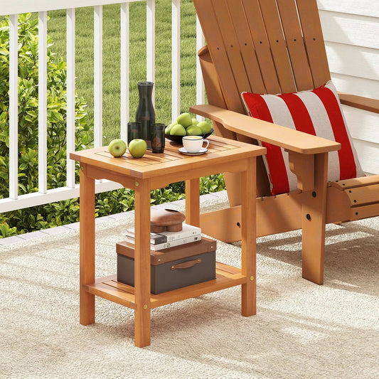 Two-tier outdoor acacia wood side table with slatted top and lower shelf in natural finish on Tampa Home & Garden Store