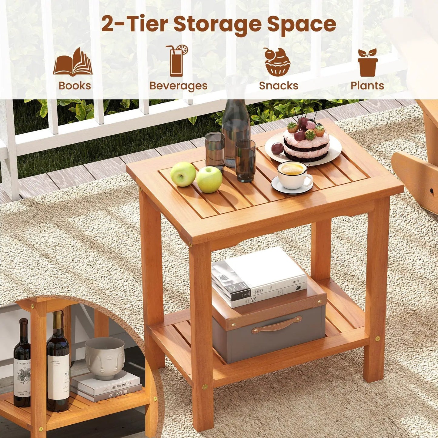 Two Tier Outdoor Acacia Wood Side Table with Slatted Top and Lower Storage Shelf on Tampa Home & Garden Store