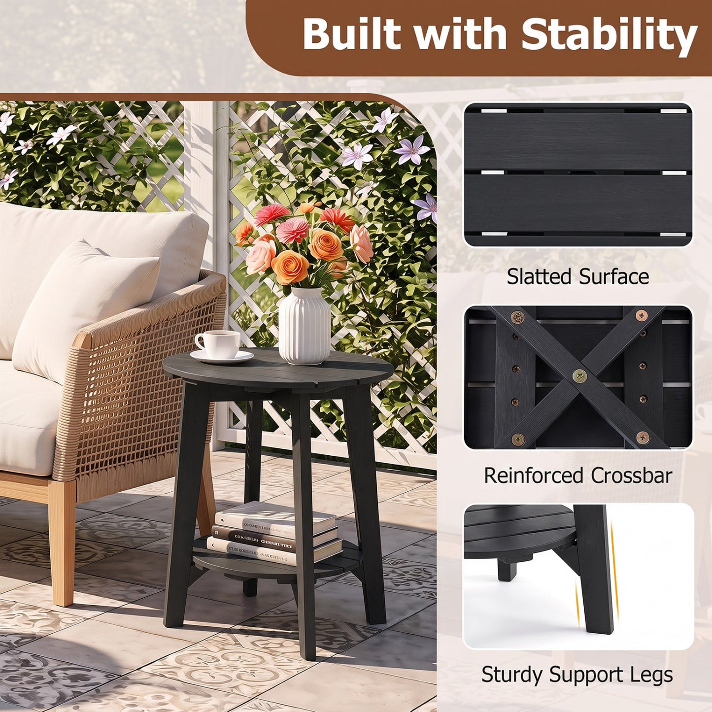 Eucalyptus Wood Outdoor Side Table with Storage Shelf, DirectDeals dark slatted surface on Tampa Home & Garden Store