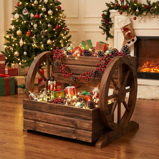 Two Tier Rustic Wood Wagon Garden Bed with Wheels in wood finish DirectDeals planter on Tampa Home & Garden Store