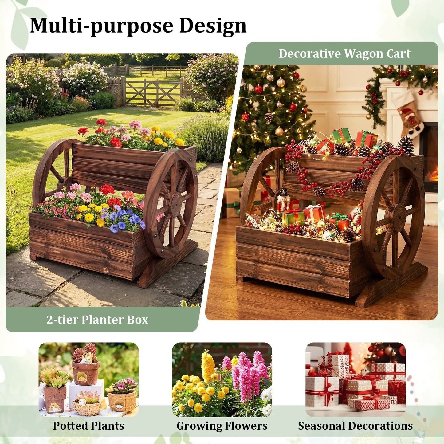 Two-tier rustic wood wagon planter with wheels, brown finish DirectDeals on Tampa Home & Garden Store