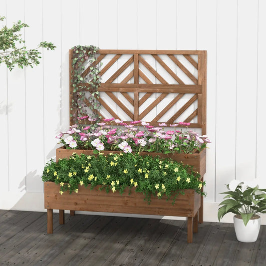Two Tier Raised Garden Bed with Trellis, brown wood planter with blooming flowers on Tampa Home & Garden Store