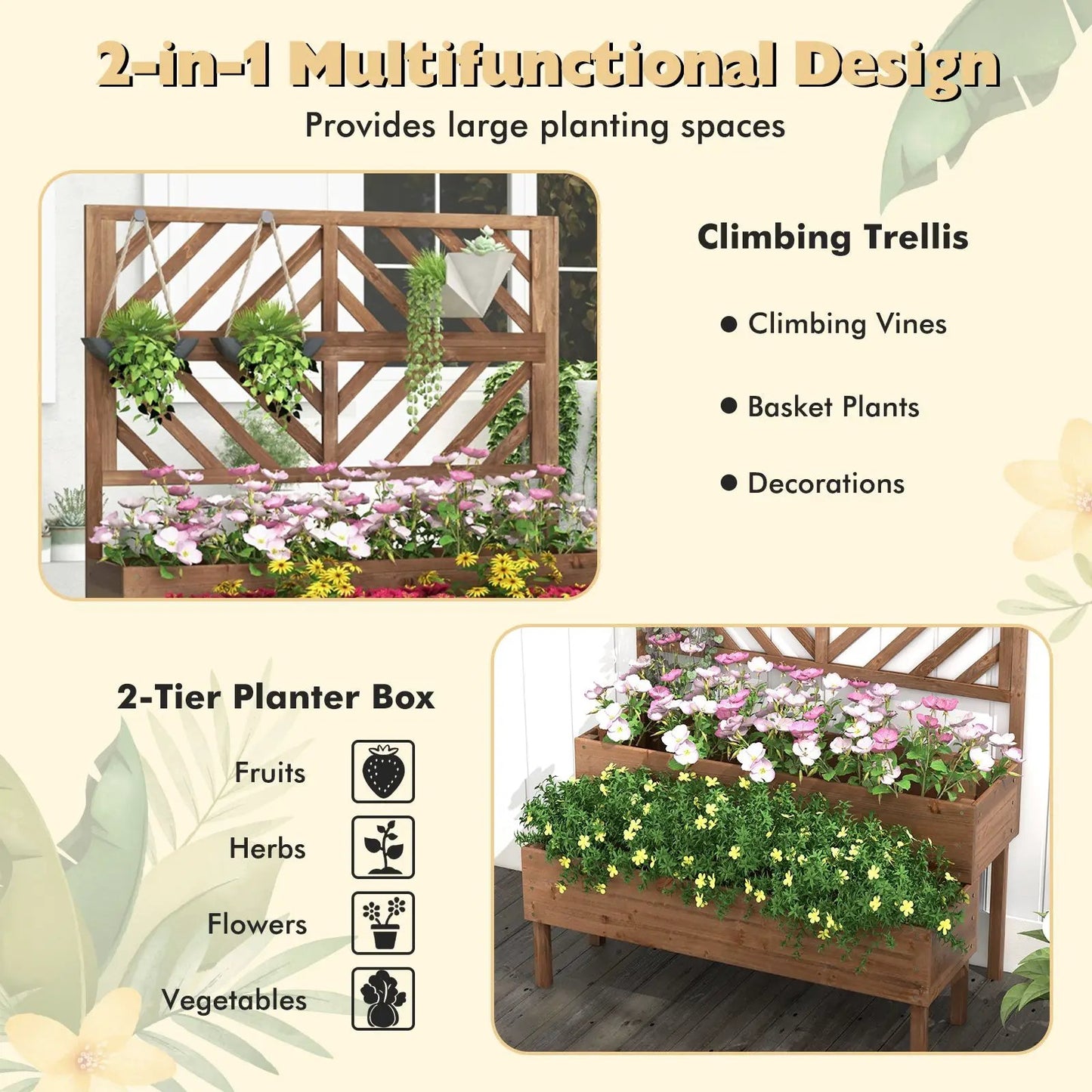 Two-tier wooden raised garden bed with trellis and hanging planters, planter box of flowers on Tampa Home & Garden Store