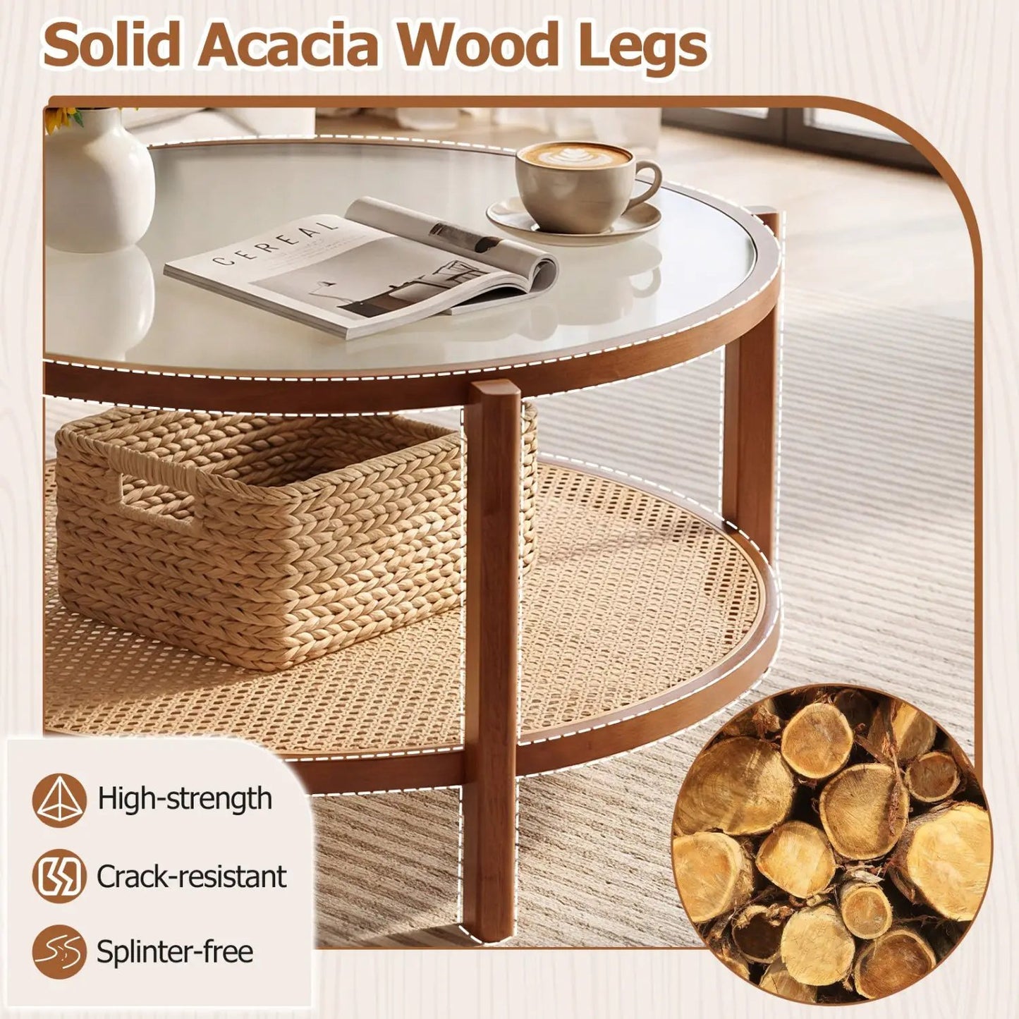 Two Tier Rattan Coffee Table with Frosted Glass