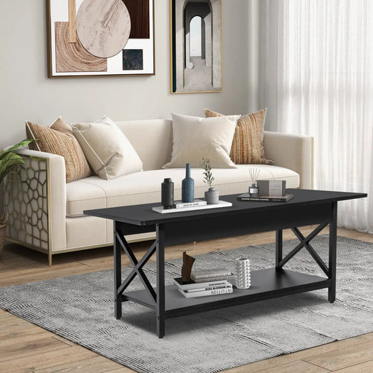 2-Tier Rectangle Coffee Table with Storage Shelf and X-shaped Metal Frame-Black - Tampa Home & Garden Store