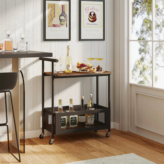 2 Tier Rolling Table With Handle and Mesh Basket, black metal frame, wood top on wheels on Tampa Home & Garden Store