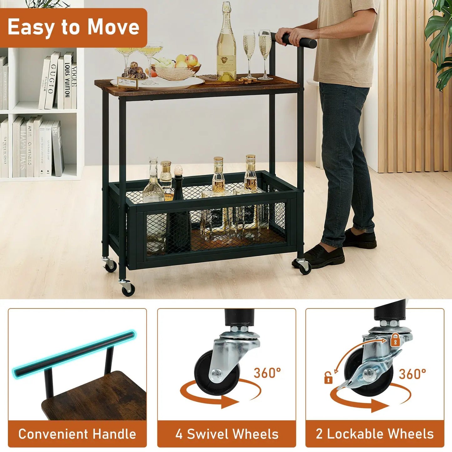 2-tier rolling table with wood top and black metal frame, side handle, lower mesh basket on casters on Tampa Home & Garden Store