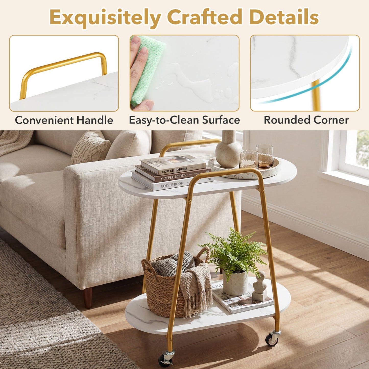 Rolling end table with faux marble top, 2-tier, gold frame by DirectDeals on Tampa Home & Garden Store