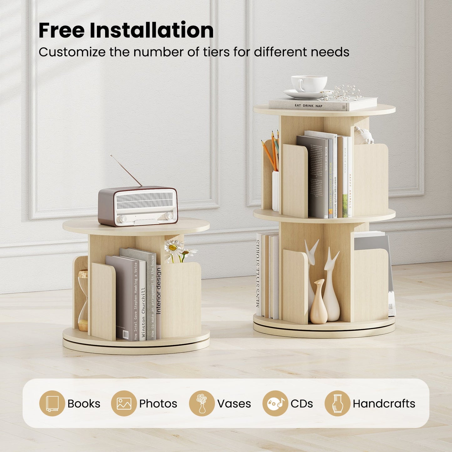 Rotating 2-tier bookshelf with dividers in natural wood finish for corner storage on Tampa Home & Garden Store